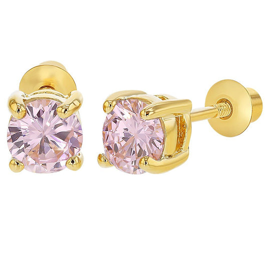In Season Jewelry Pink CZ Round Kids Earrings - Gold Plated Earrings for Girls with Secure Screw Backs - Safe & Comfortable for Toddlers, Kids & Little Girls