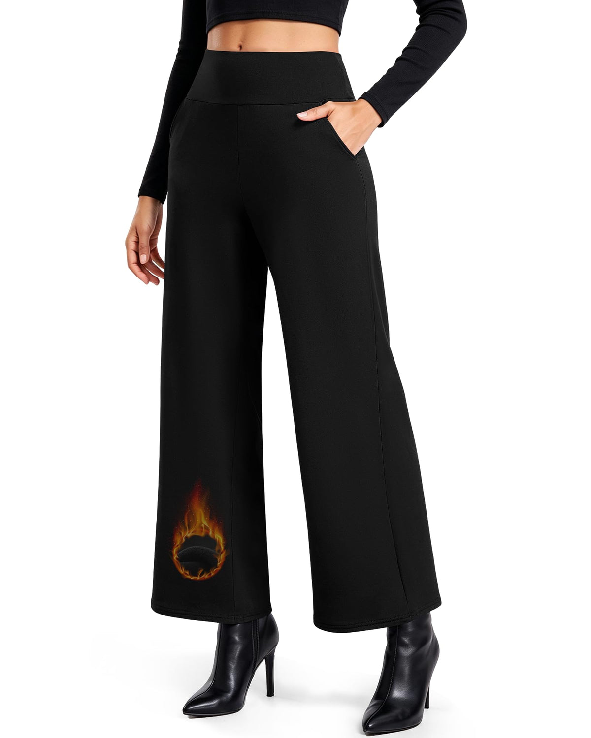 DHSO Fleece Lined Wide Leg Pants for Women with Pockets High Waisted