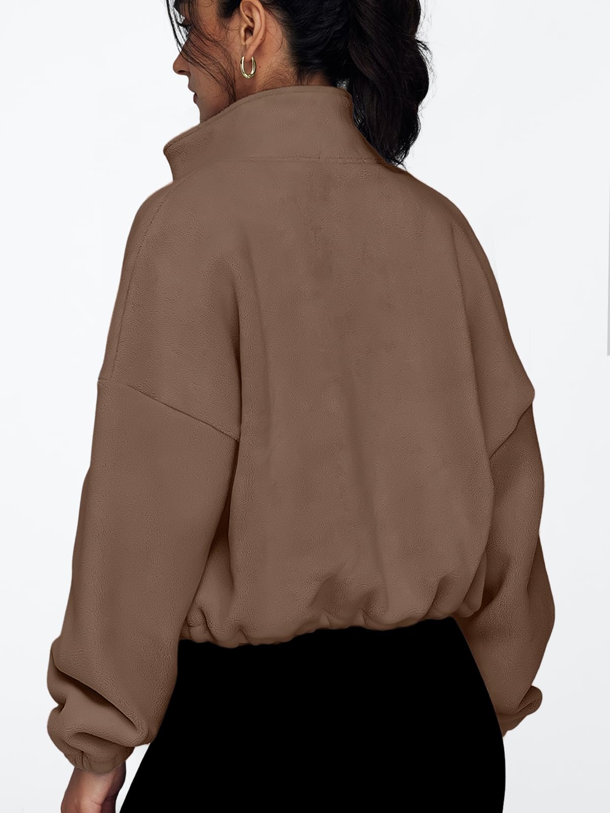 AUTOMET Womens Fleece Jackets Zip Up Oversized Cropped Sweatshirts Coffee