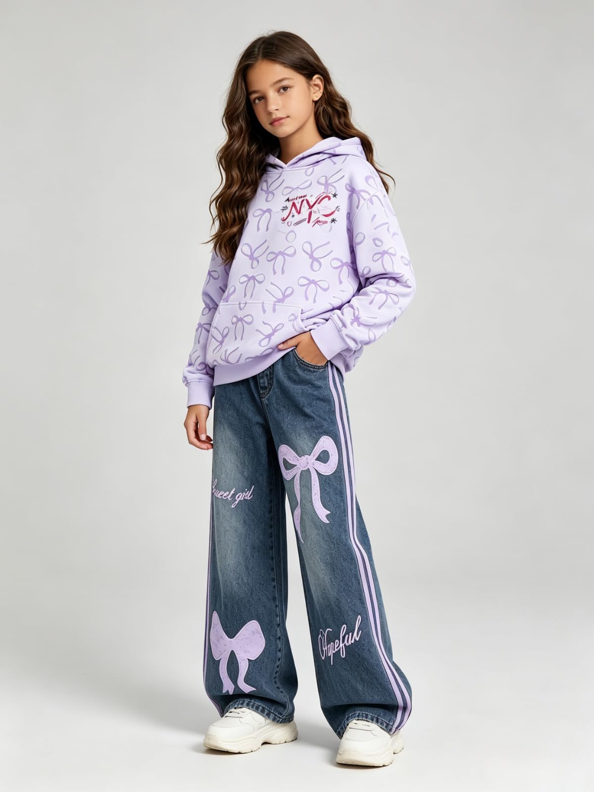 Voxikidio Size 9 10 Year Old Girls Clothes Hooded Bow Long Sleeve Sweatshirt Tops and Jeans Pants 2 Piece Set Fall Outfits for Kids (Purple Size 9-10)
