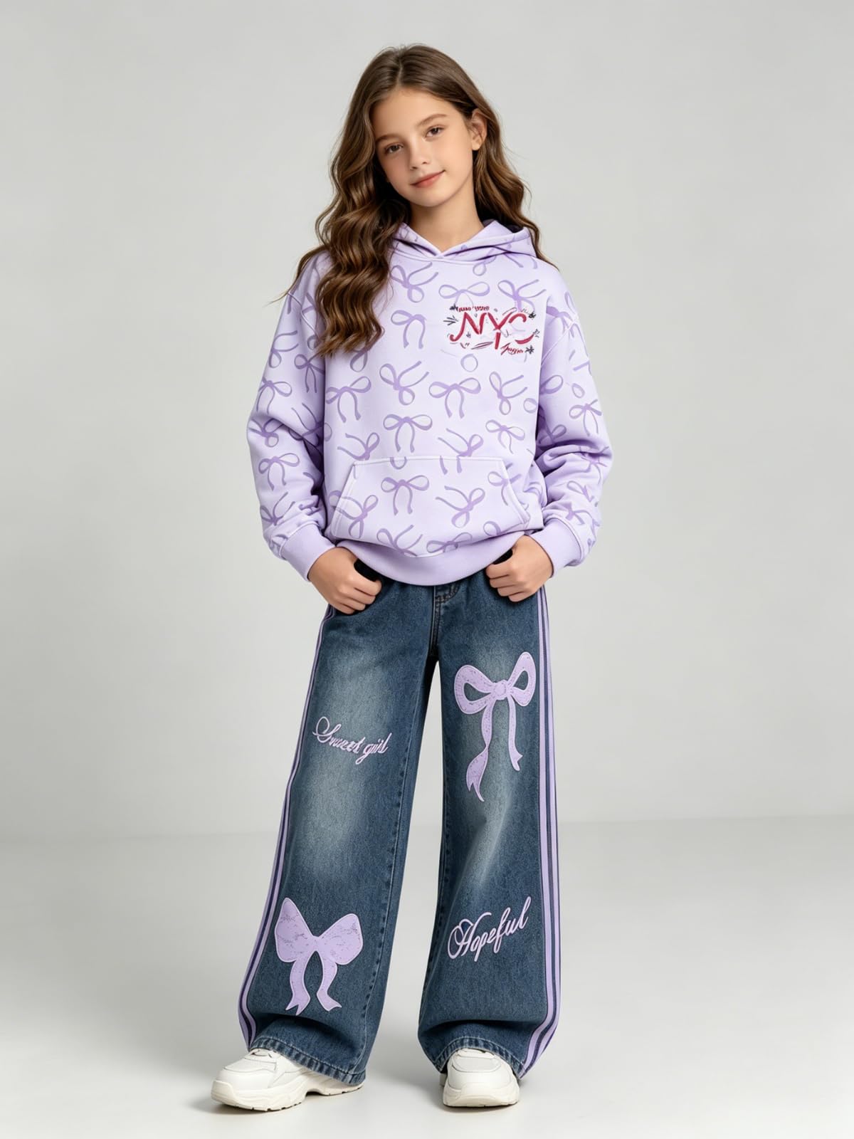 Voxikidio Size 9 10 Year Old Girls Clothes Hooded Bow Long Sleeve Sweatshirt Tops and Jeans Pants 2 Piece Set Fall Outfits for Kids (Purple Size 9-10)