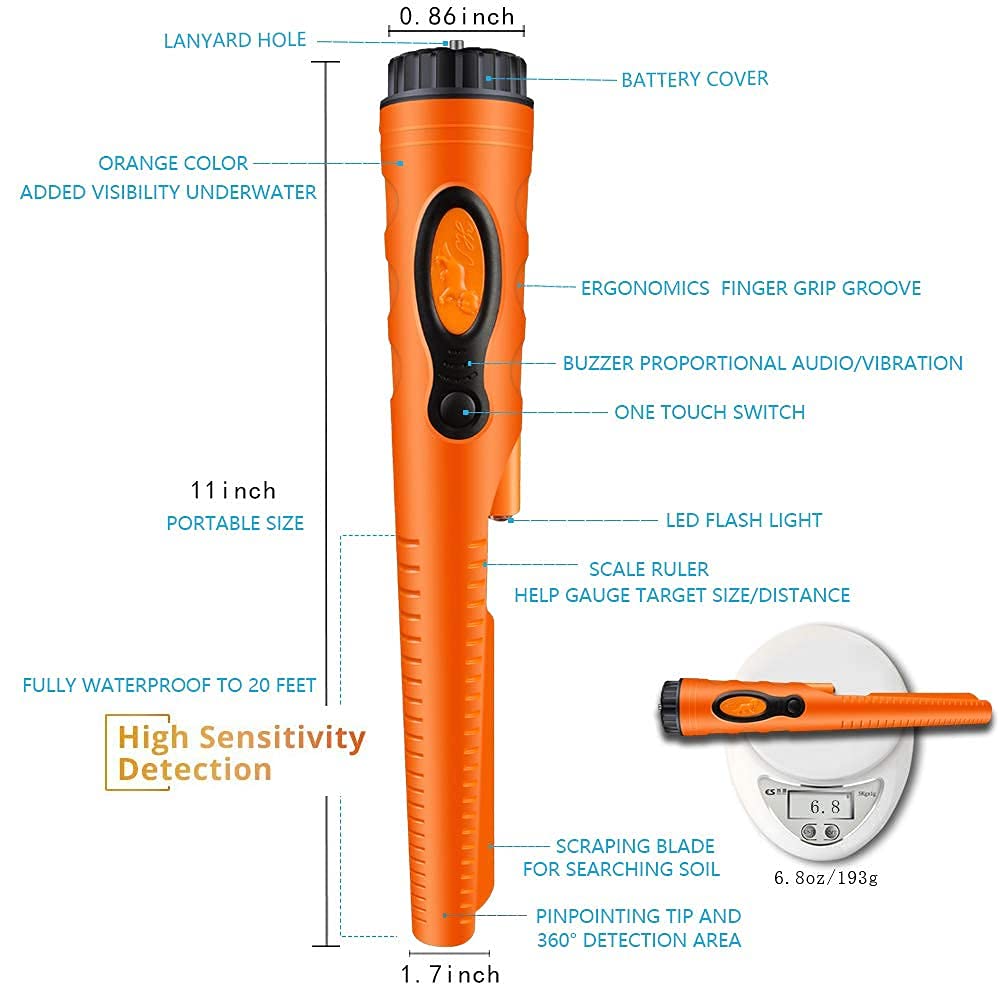 Fully Waterproof Pinpoint Metal Detector Pinpointer - 360�� Search Pinpointing Finder Probe Treasure Hunting Tool Accessories for Adults and Kids (Three Mode) Hs08 Or