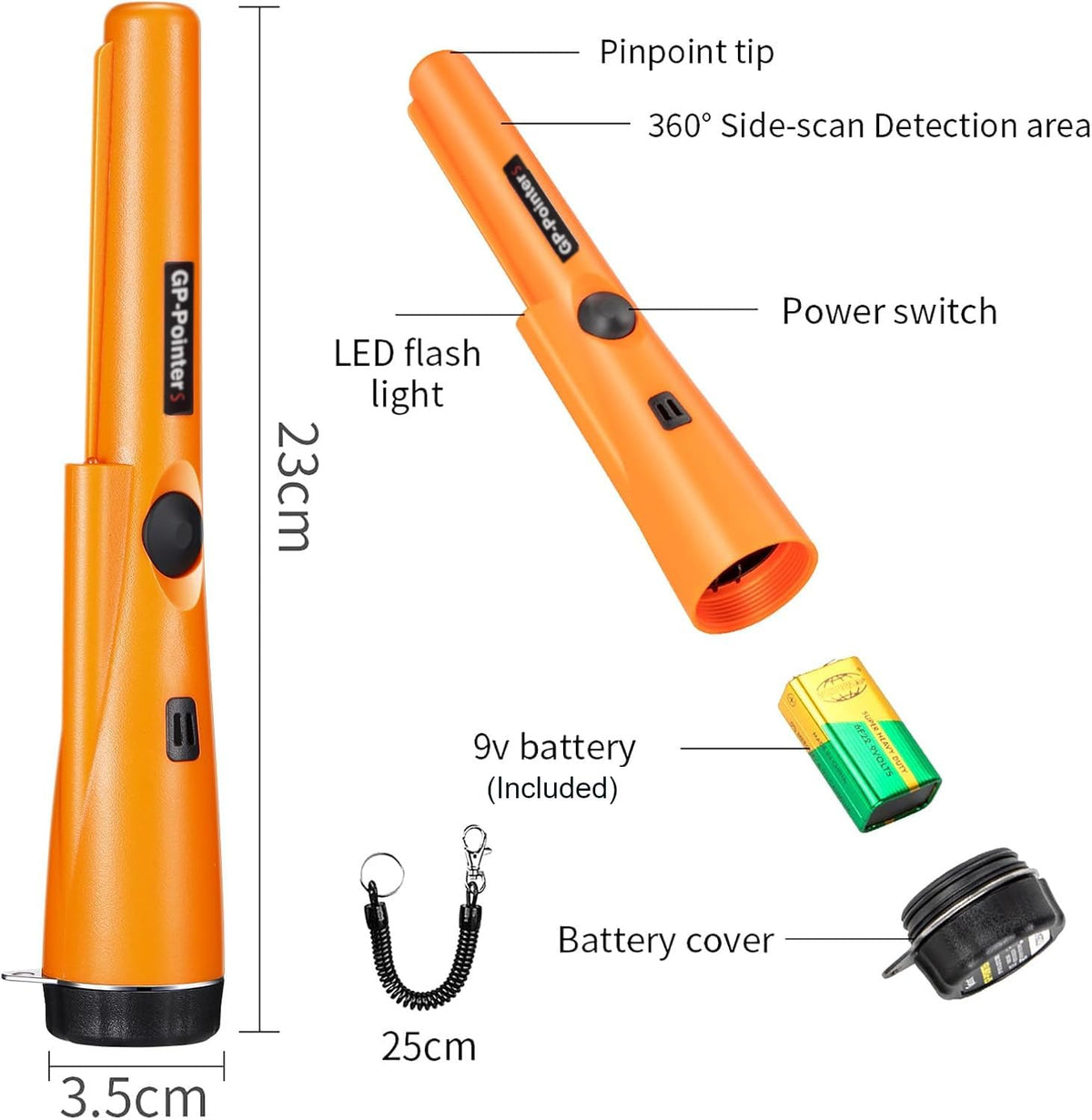 JYVY Power Pro GP-Pointers Metal Detector Pinpointer ��� Waterproof 360�� High Accuracy Search Probe for Treasure Hunting, Professional Handheld Pinpointer Wand, with 9V Battery (Sp