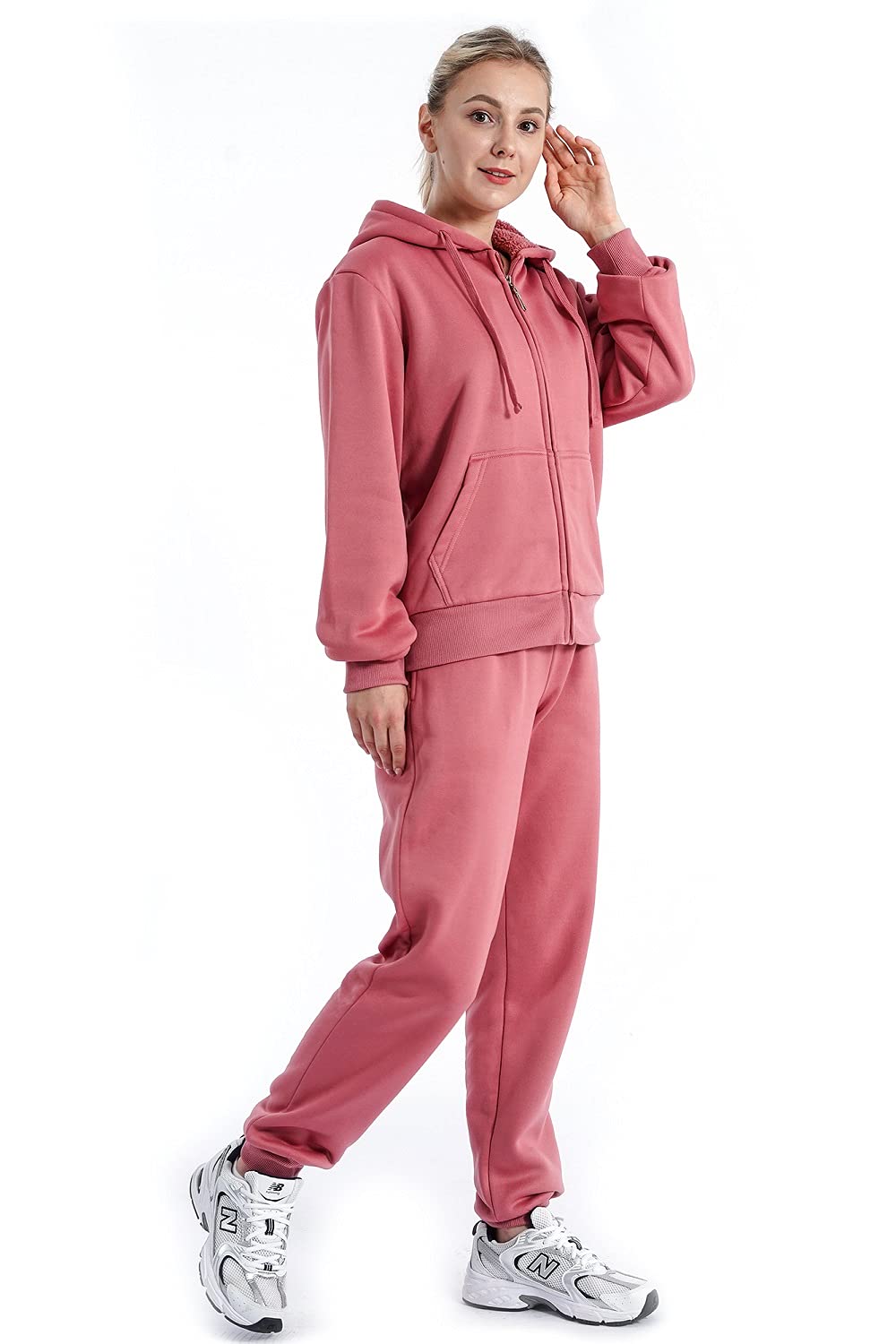 Facitisu Women Warm Up Outfits Fleece Tracksuits Fuzzy Jogging Suits Sherpa Lined Sweatsuits Winter Jogger set Hoodie and pants Mauve Large