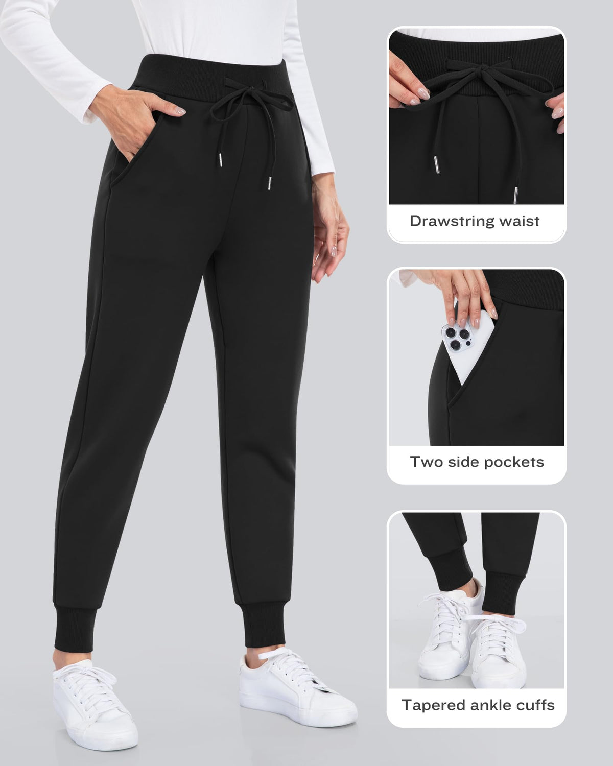 CHRLEISURE Fleece Lined Pants Women - Thermal Winter Warm Cold Weather Athletic Jogger Sweatpants with Pockets(Black,S)