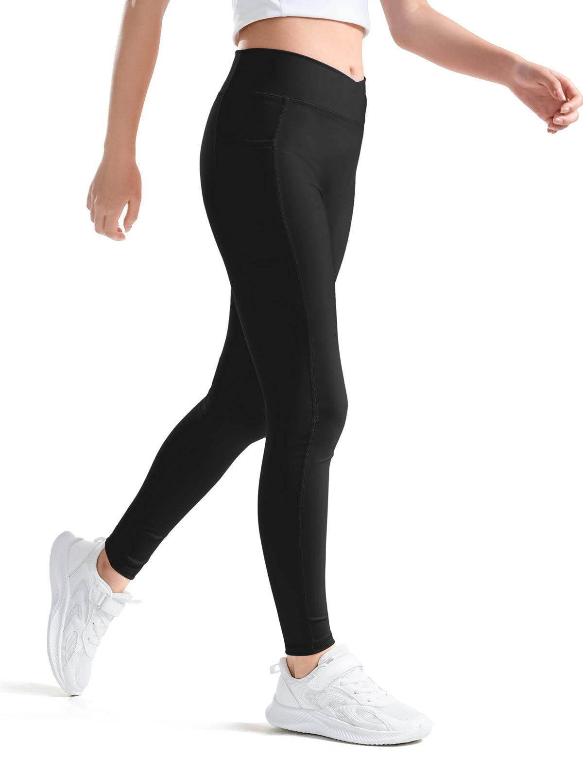 KEREDA Girls Athletic Leggings V Cross Yoga Pants Teen Girls with Pocket for Workout,Gym,Running,Dance Black 9-10 Y