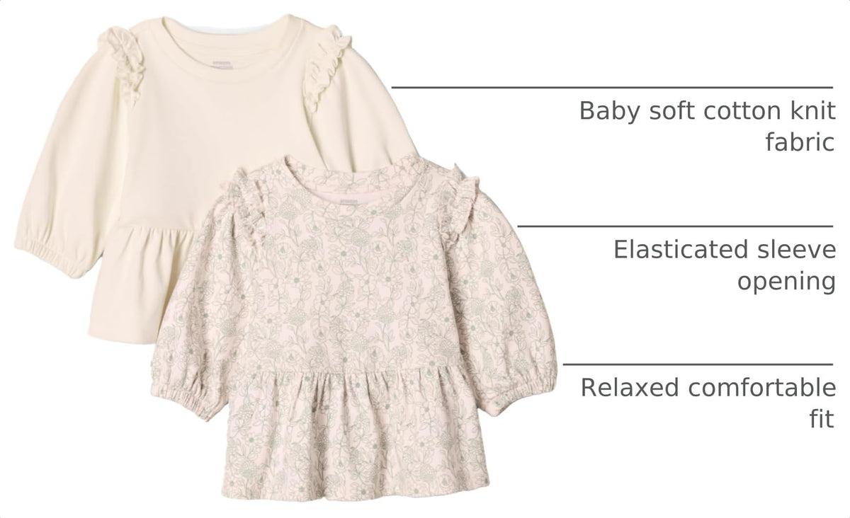 Amazon Essentials Baby Girls' Long Sleeve Knit Tops, Pack of 2, Ivory/Sketch Floral, 2T