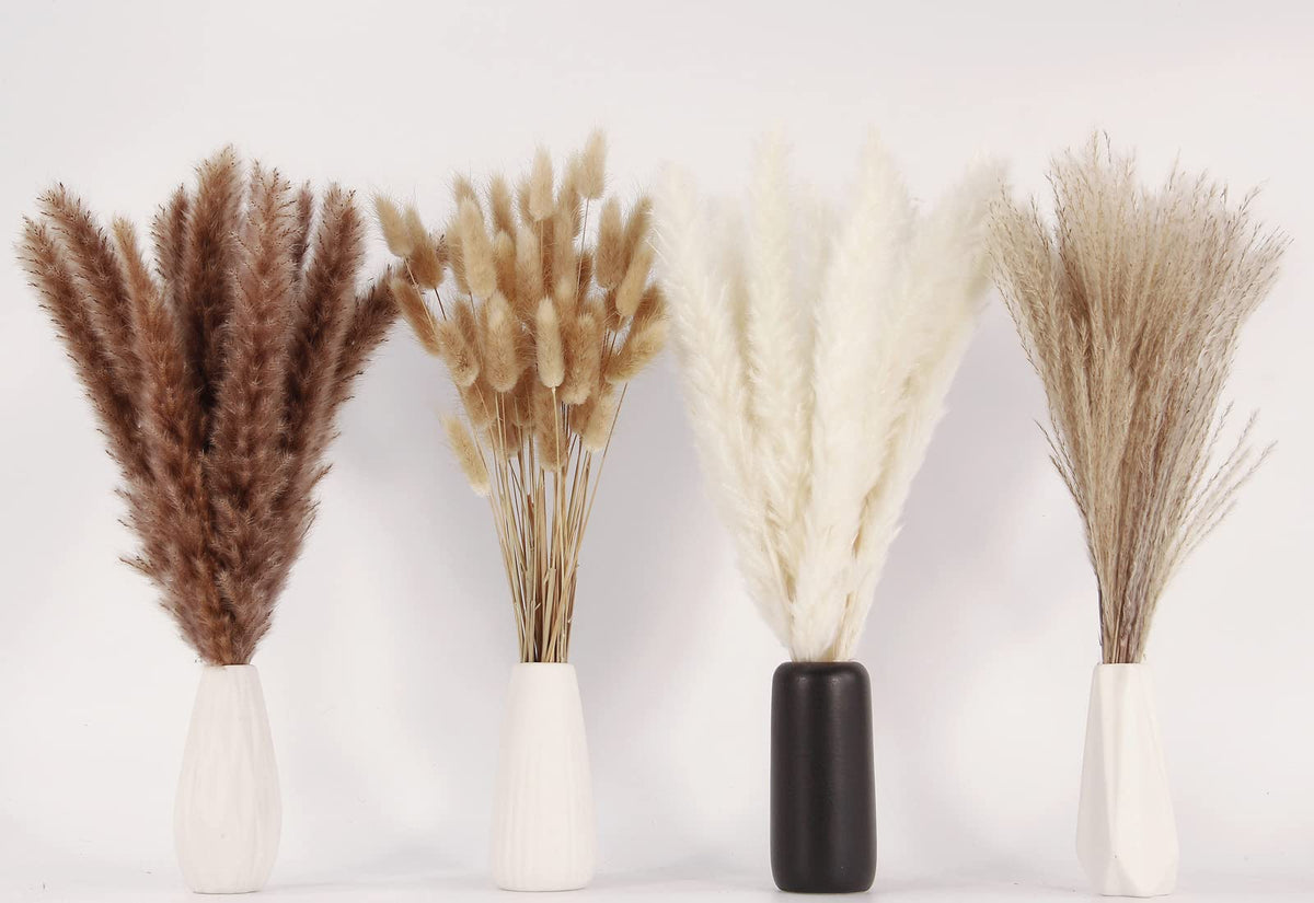 Dried Pampas Grass Decor, 100 Stems Pampas Grass Contains Bunny Tails Dried Flowers, Reed Grass Bouquet for Wedding Boho Flowers Home Table Decor, Rustic Farmhouse Party (17", White and Brown)