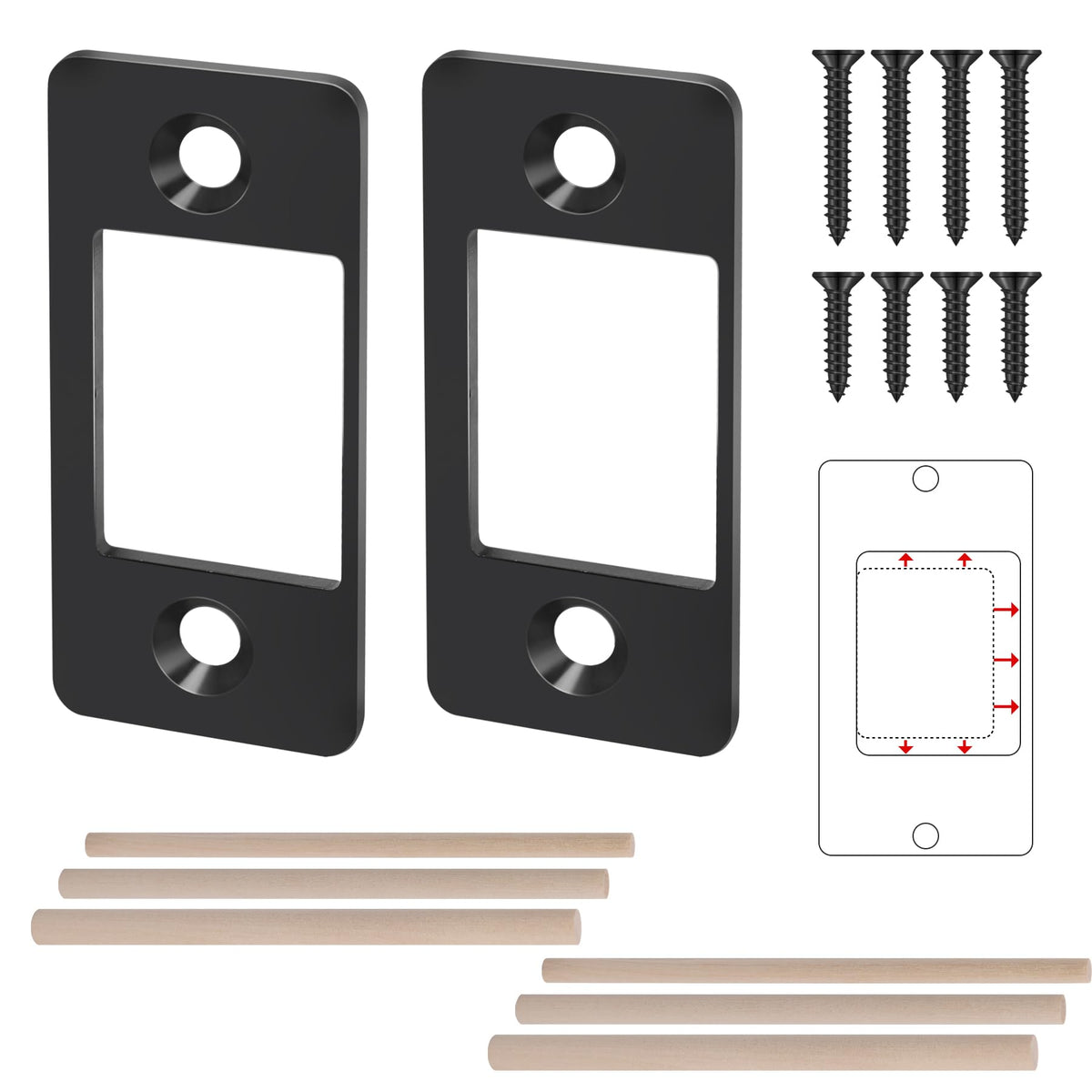 2 Pk Upgrade Large Hole Deadbolt Restorer Strike Plates, Stainless Steel Round Corner Latch Strike Plate with Wood Dowel Strips,Universal Backplate for Home Door Easy Repair Misalignment���Matte Bl