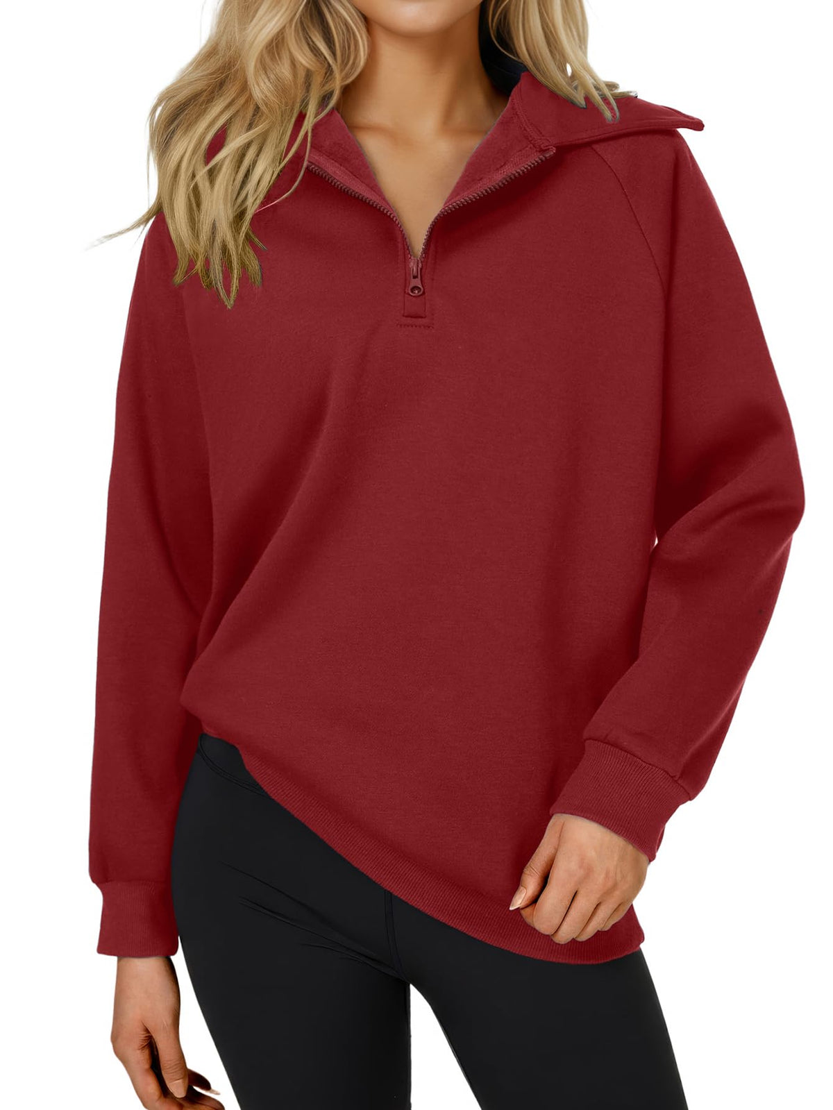 Rooscier Women's Quarter Zip Pullover Sweatshirt Wine Red Large