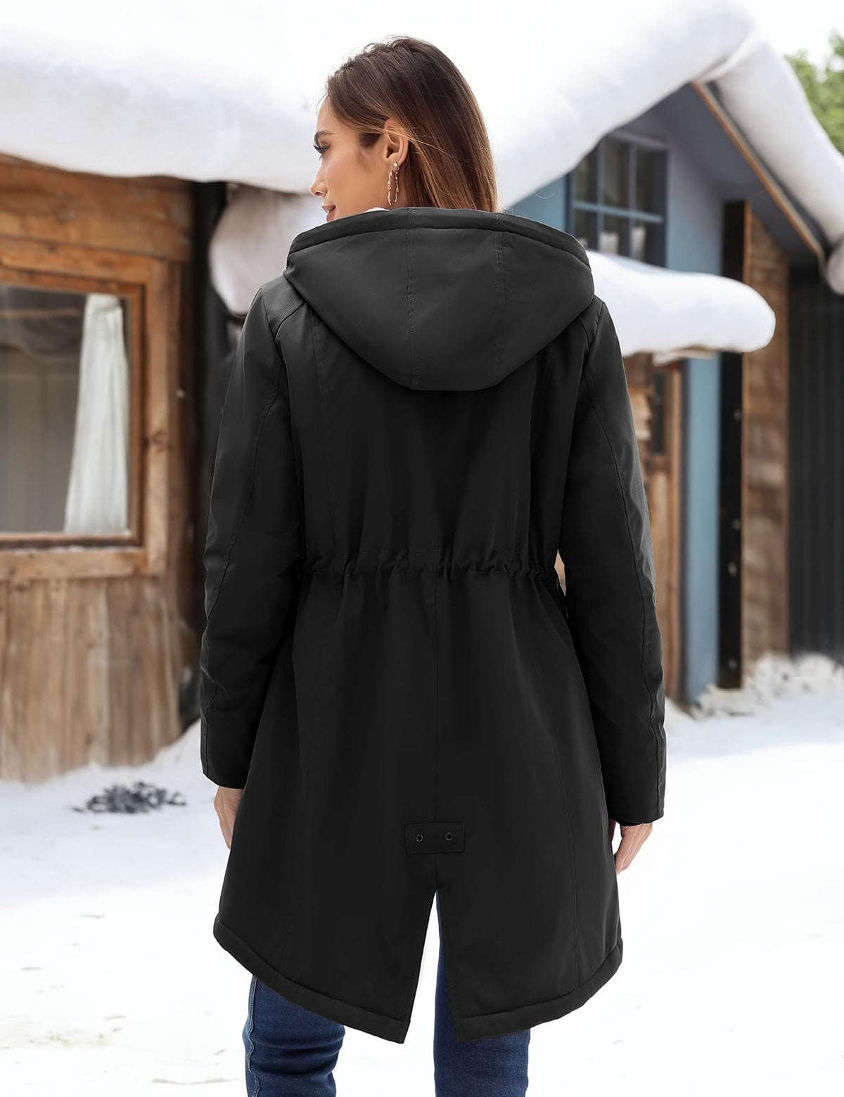 HEEKPEK Women Winter Fleece Lined Hooded Black Parka Jacket with 5 Pockets