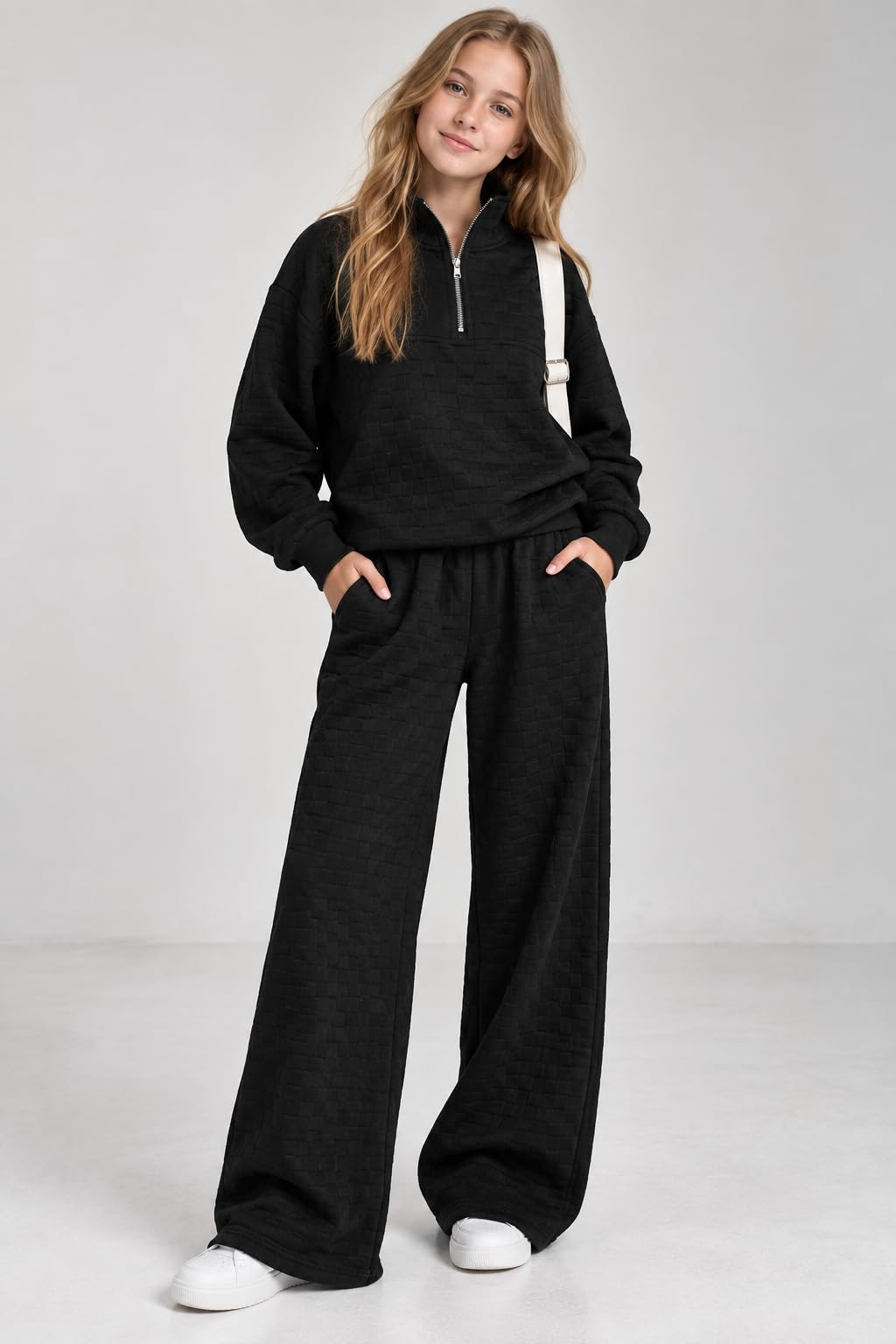 Afsmlys Tween Girls Clothes Trendy 2 Piece Outfit Long Sleeve Zip-Up Sweatshirt + Wide Leg Pants School Cute Clothing Set Winter Fall Pullover Set Size 13 14