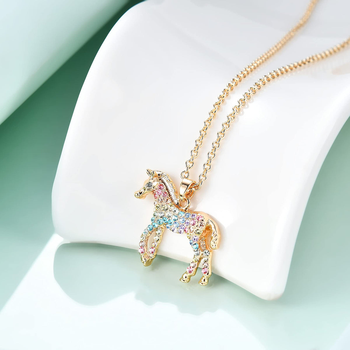 luomart Girls Horse Necklace Gifts,Little Rainbow Horses Jewelry for Women Boys,Initial Letter Necklaces Pendant for Teen Girls Horses Lovers (Little Horse Rainbow Gold)