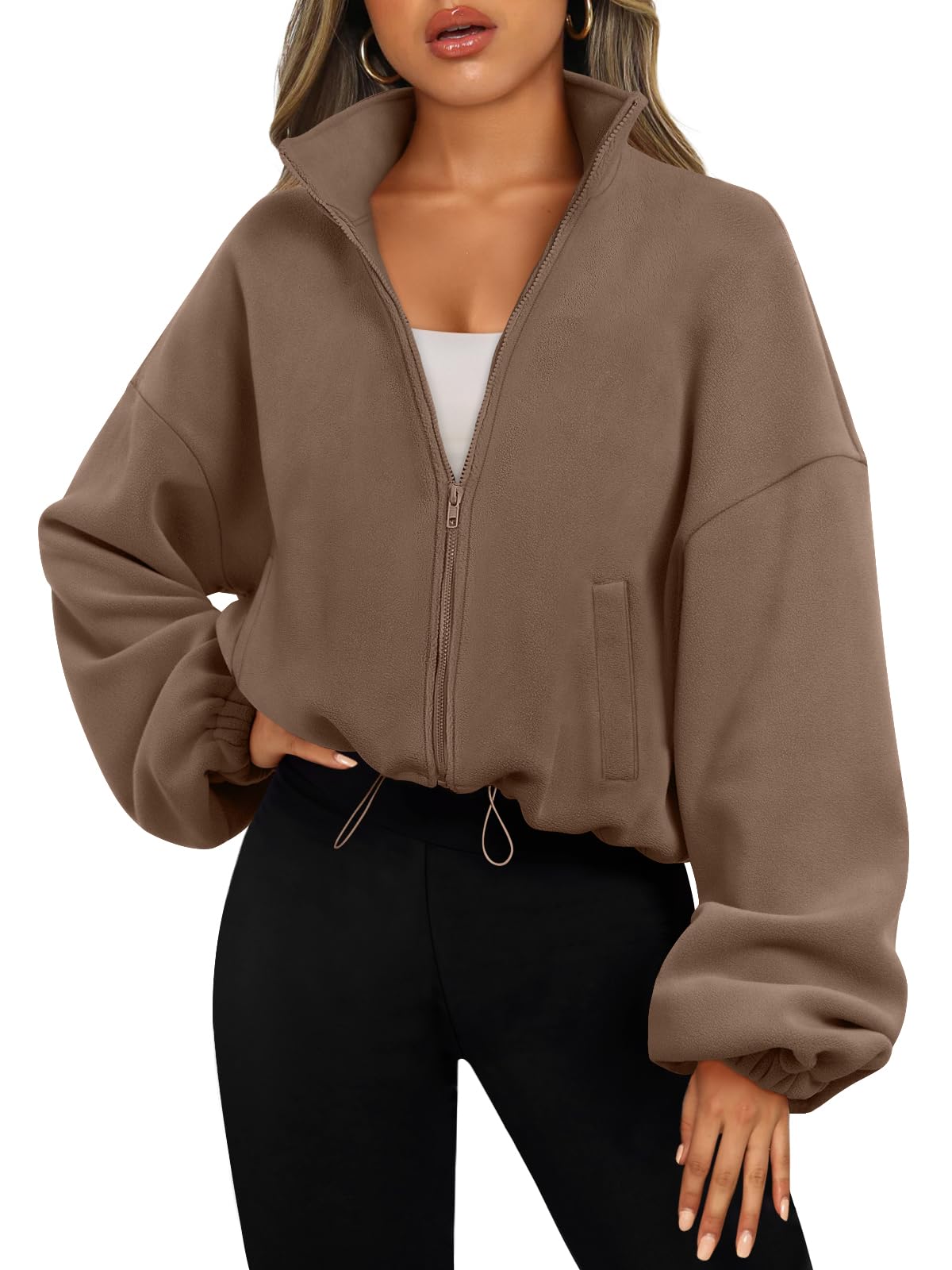 AUTOMET Womens Fleece Jackets Zip Up Oversized Cropped Sweatshirts Coffee