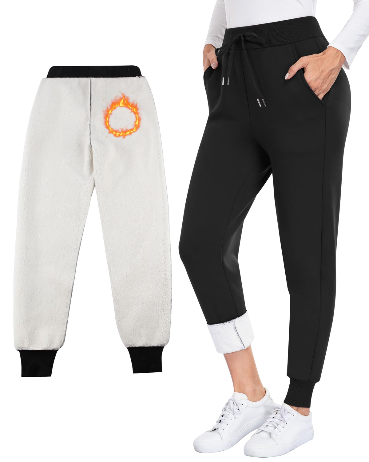 CHRLEISURE Fleece Lined Pants Women - Thermal Winter Warm Cold Weather Athletic Jogger Sweatpants with Pockets(Black,S)