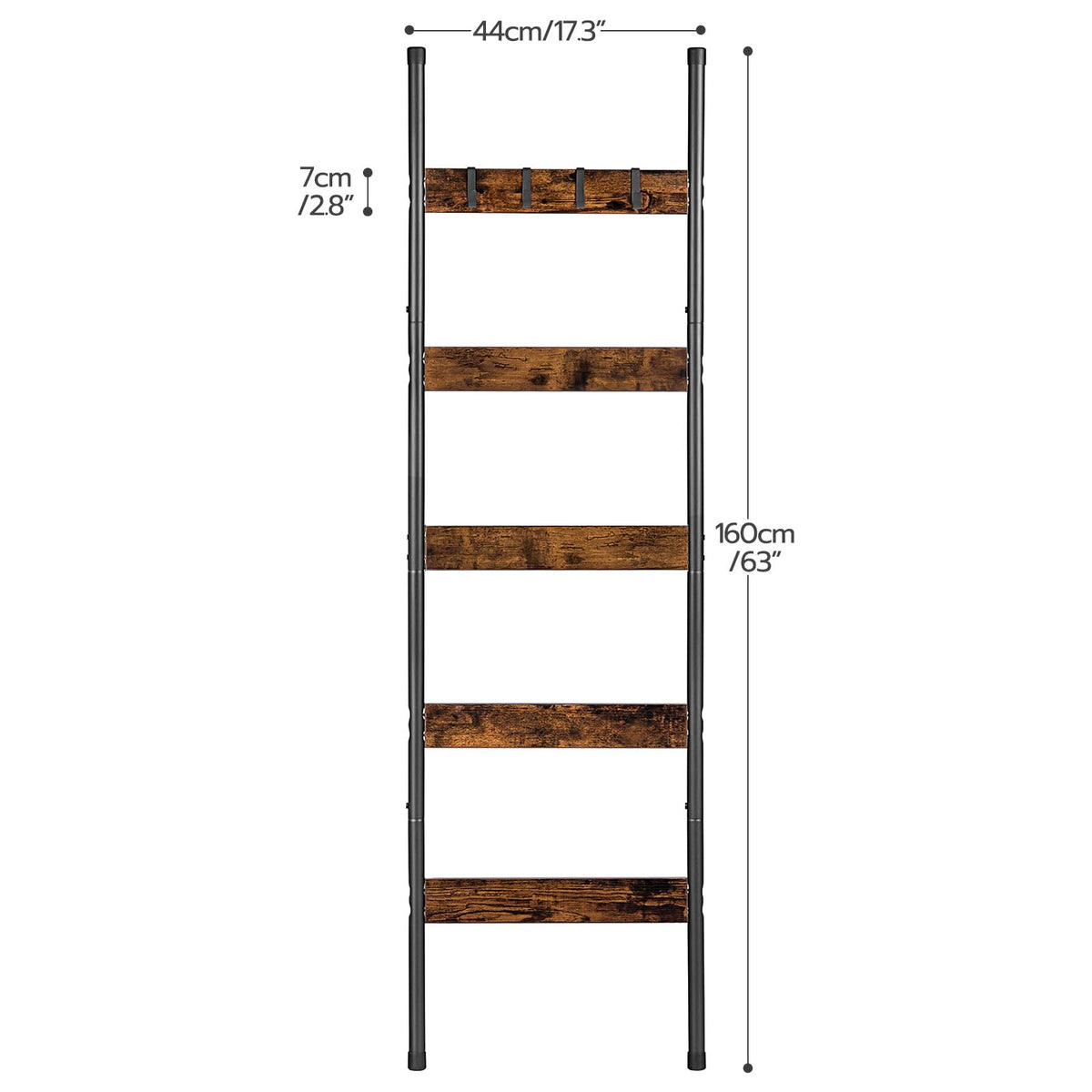 HOOBRO Blanket Ladder, 5-Tier Towel Rack with Hooks, Wall-Leaning Blanket Rack, Decorative Display Ladder Shelf, for Scarves, Industrial, Living Room, Bedroom, Rustic Brown and Black BF52CJ01