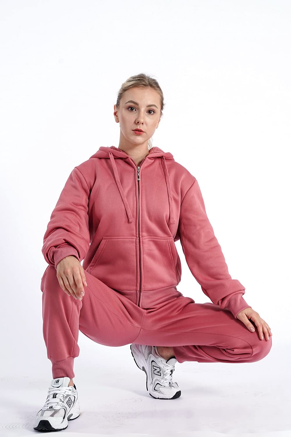 Facitisu Women Warm Up Outfits Fleece Tracksuits Fuzzy Jogging Suits Sherpa Lined Sweatsuits Winter Jogger set Hoodie and pants Mauve Large