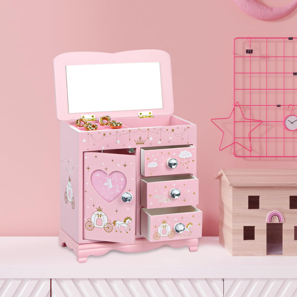 JIUYUAEZ Children Jewelry Box For Girls Pink Princess Castle Girls Little Girl Birthday Christmas girl jewelry box