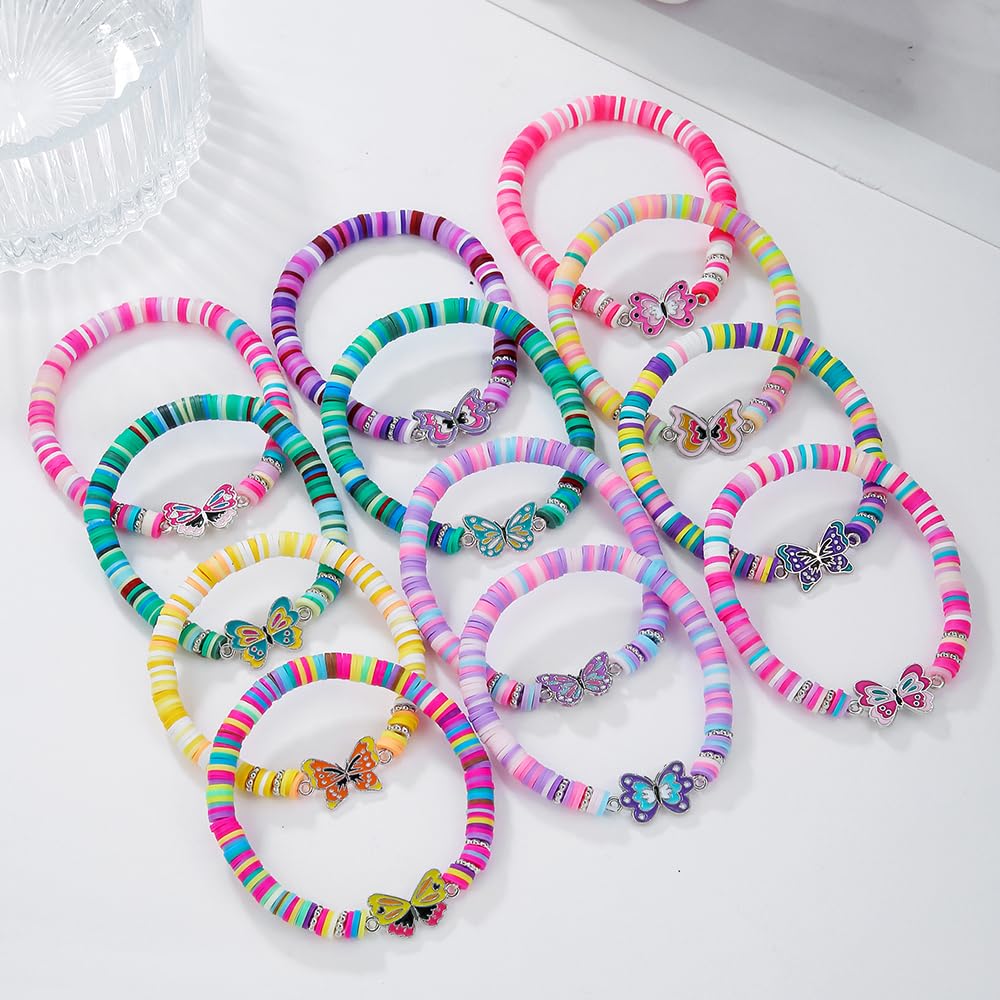 Behrooci Friendship Bracelets Boho Stackable Bracelets for Women Surfer Heishi Clay Bead Bracelets Stretch Preppy Bracelets Colorful Boho Bracelets for Women (12pcs Butterfly)