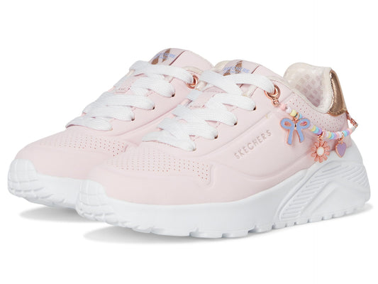 Skechers Uno Lite- Charming Lite with Charm Bracelet Detail - Low Top Lace Up Shoes for Kids, Light Pink Synthetic/Multi Trim, 13