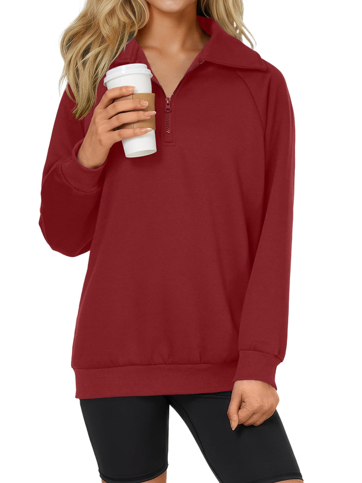 Rooscier Women's Quarter Zip Pullover Sweatshirt Wine Red Large