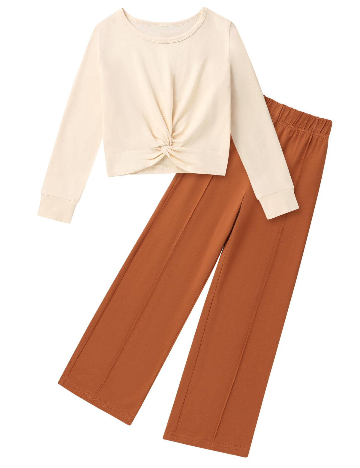 Gaupafmb Girls Clothes Fall Winter Twist Crop Tops and Straight Pants 2PCS Outfits Clothes for Girls 7-8 Beige+Brown