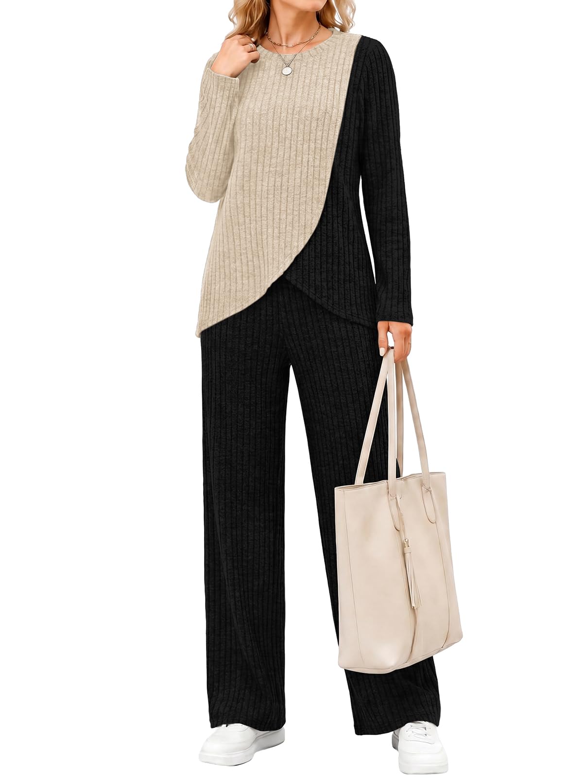 WIHOLL Winter Clothing for Women 2 Piece Lounge Sets Travel Outfit Beige XL