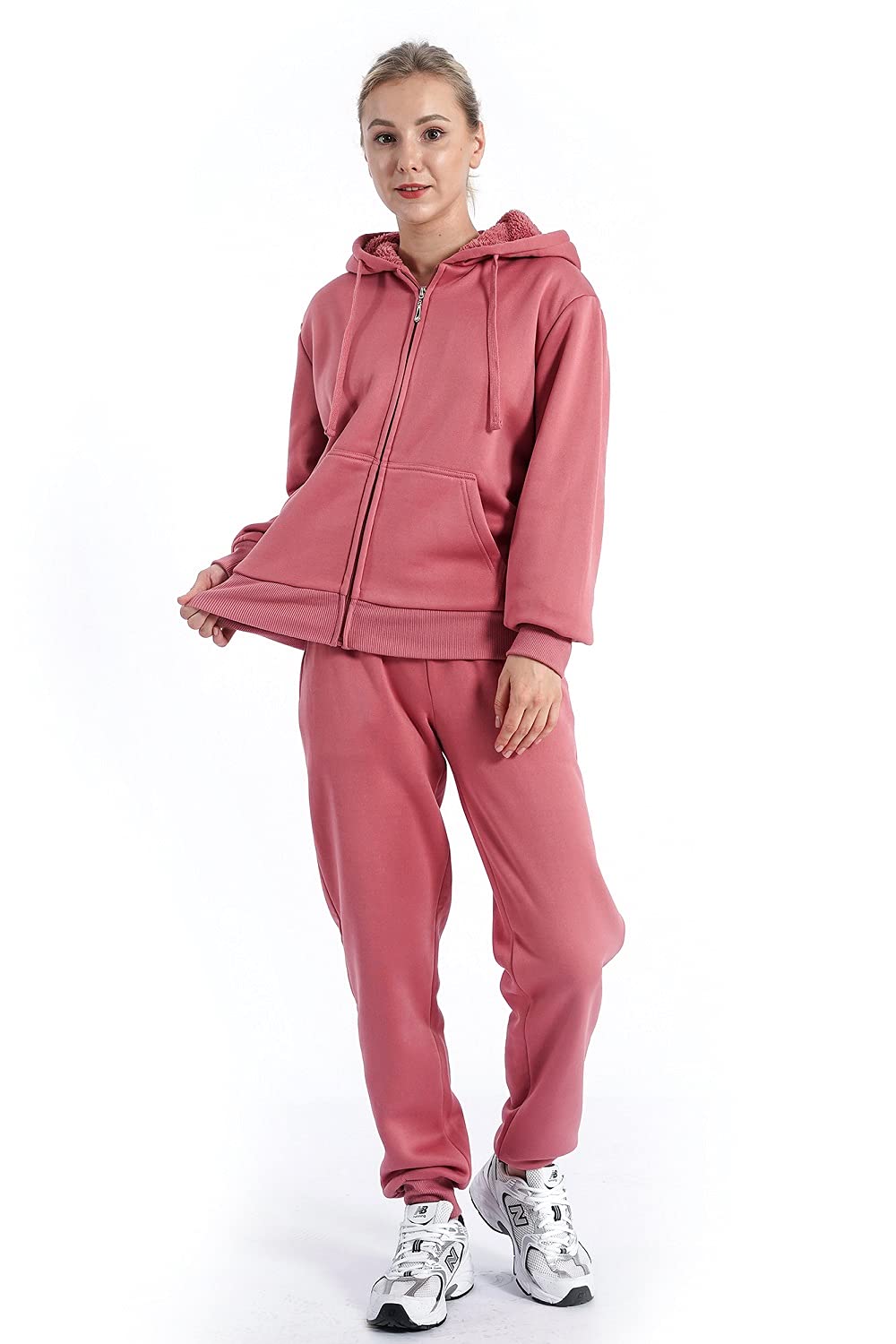 Facitisu Women Warm Up Outfits Fleece Tracksuits Fuzzy Jogging Suits Sherpa Lined Sweatsuits Winter Jogger set Hoodie and pants Mauve Large