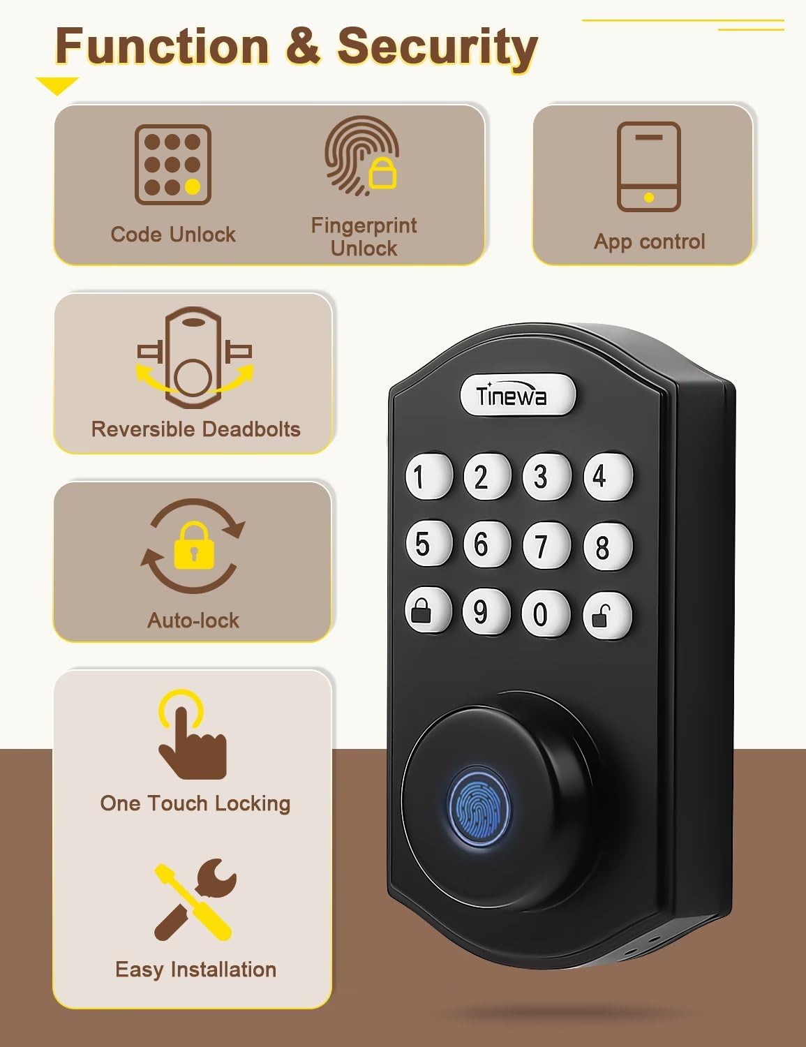 Tinewa Smart Locks for Front Door -Black Keyless Entry Door Lock Deadbolt with Flat Ball Door Knobs, Electronic Digital Keypad Deadbolt with Fingerprint, APP Control, Easy Installation