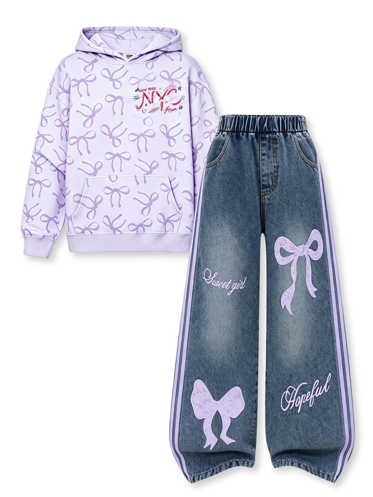 Voxikidio Size 9 10 Year Old Girls Clothes Hooded Bow Long Sleeve Sweatshirt Tops and Jeans Pants 2 Piece Set Fall Outfits for Kids (Purple Size 9-10)