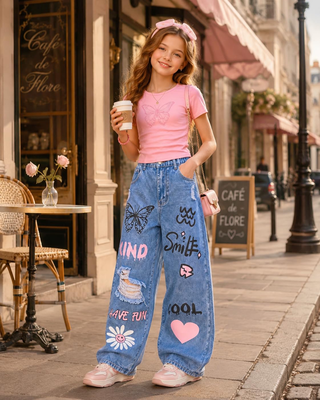 LKALPSQ Girls Outfits Teen Girls Clothes Butterfly Graphic Crop Short Sleeve T Shirts & Ripped Print Wide Leg Jeans 2PCS Girls Clothing Set 9-10 Years