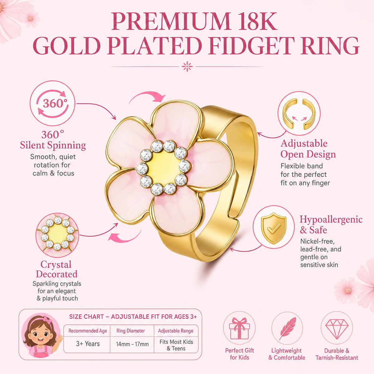 Sunflower Fidget Ring for Kids 18K Gold Plated Gifts Anxiety Adjustable