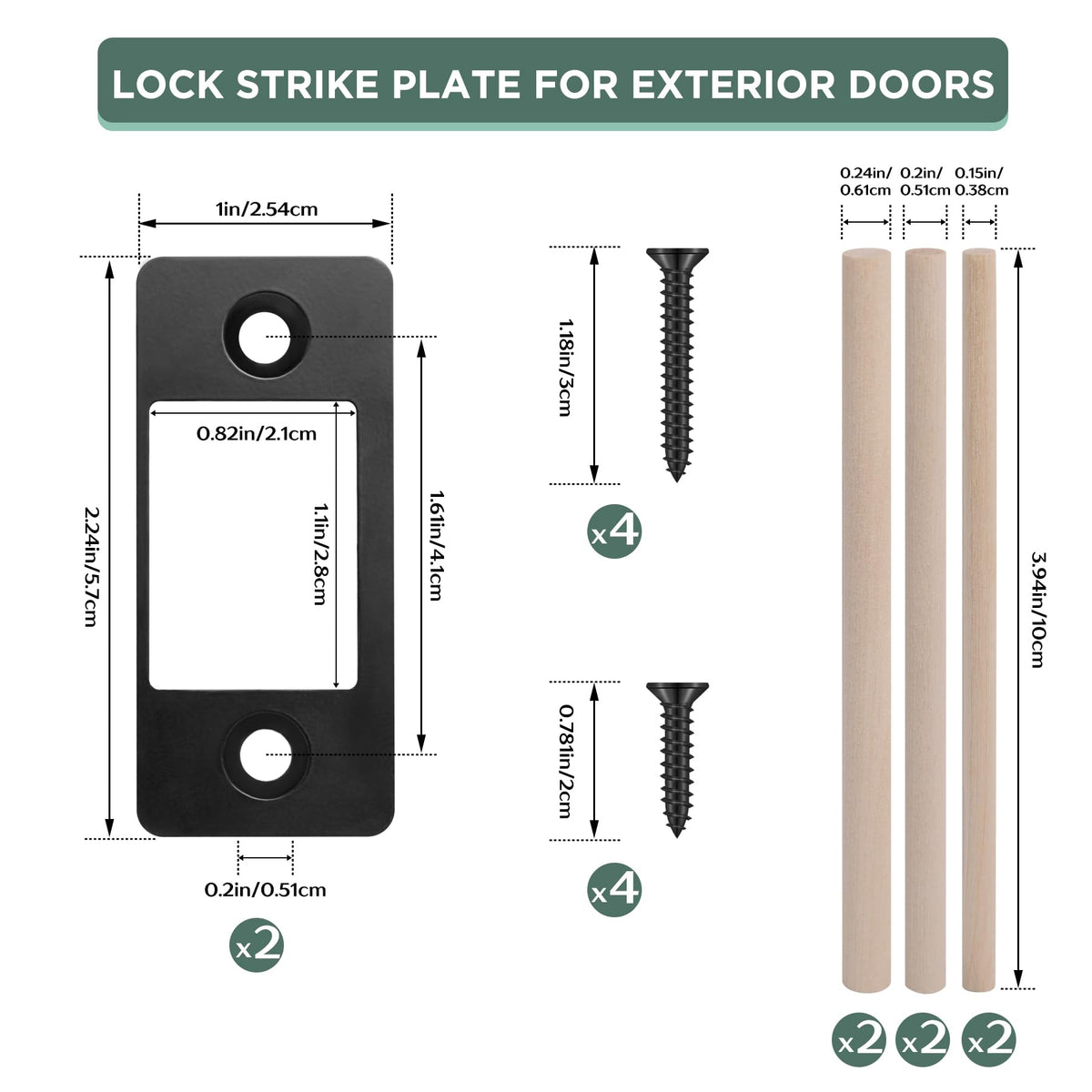 2 Pk Upgrade Large Hole Deadbolt Restorer Strike Plates, Stainless Steel Round Corner Latch Strike Plate with Wood Dowel Strips,Universal Backplate for Home Door Easy Repair Misalignment���Matte Bl