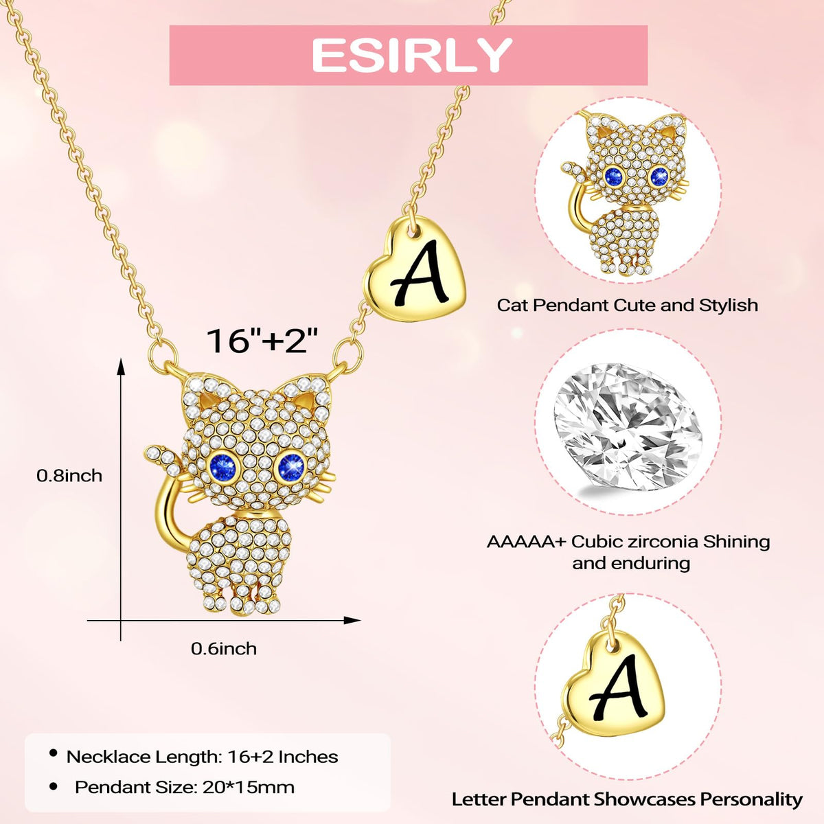Esirly Cat Necklaces for Girls Initial Necklace Heart Letter A-Z Adjustable Cute Birthday Gifts for Women Girls Daughter Granddaughter Niece 16+2 Inches (A., Gold)