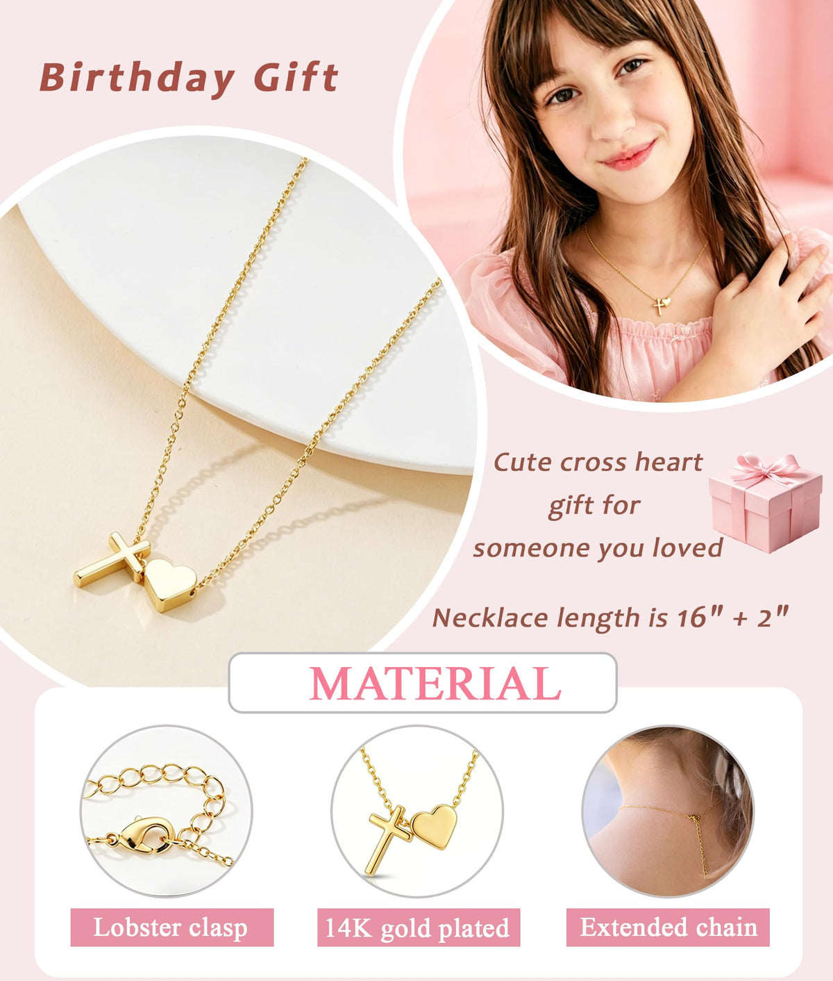 DORANA 10 Year Old Girl Birthday Gifts 14K Gold Plated Cross Heart Necklace
