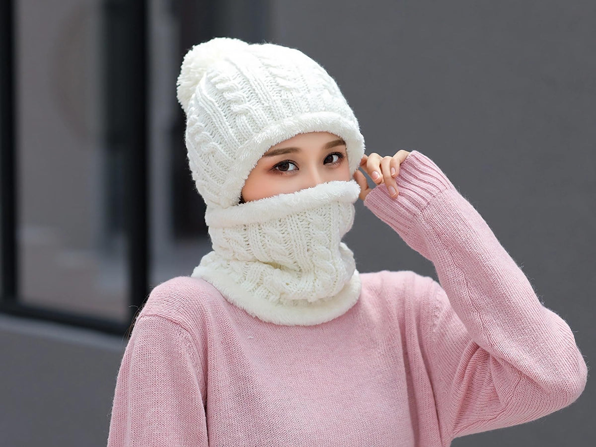 KAICAILA Women Winter One Piece Hooded Balaclava Knit Beanie Hats Pom Pom