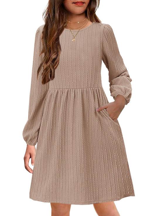 YOVION Girls Knit Sweater Dress Lantern Long Sleeve A-Line Dresses 6-12 Y