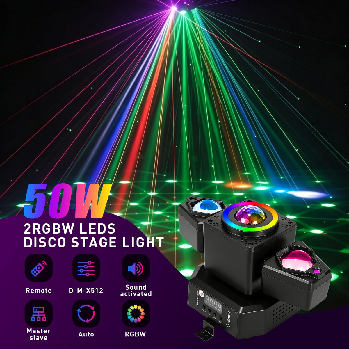 XPCLEOYZ 2 Arms Moving Head DJ Lights 4-in-1 RGBW LED Disco Stage Light