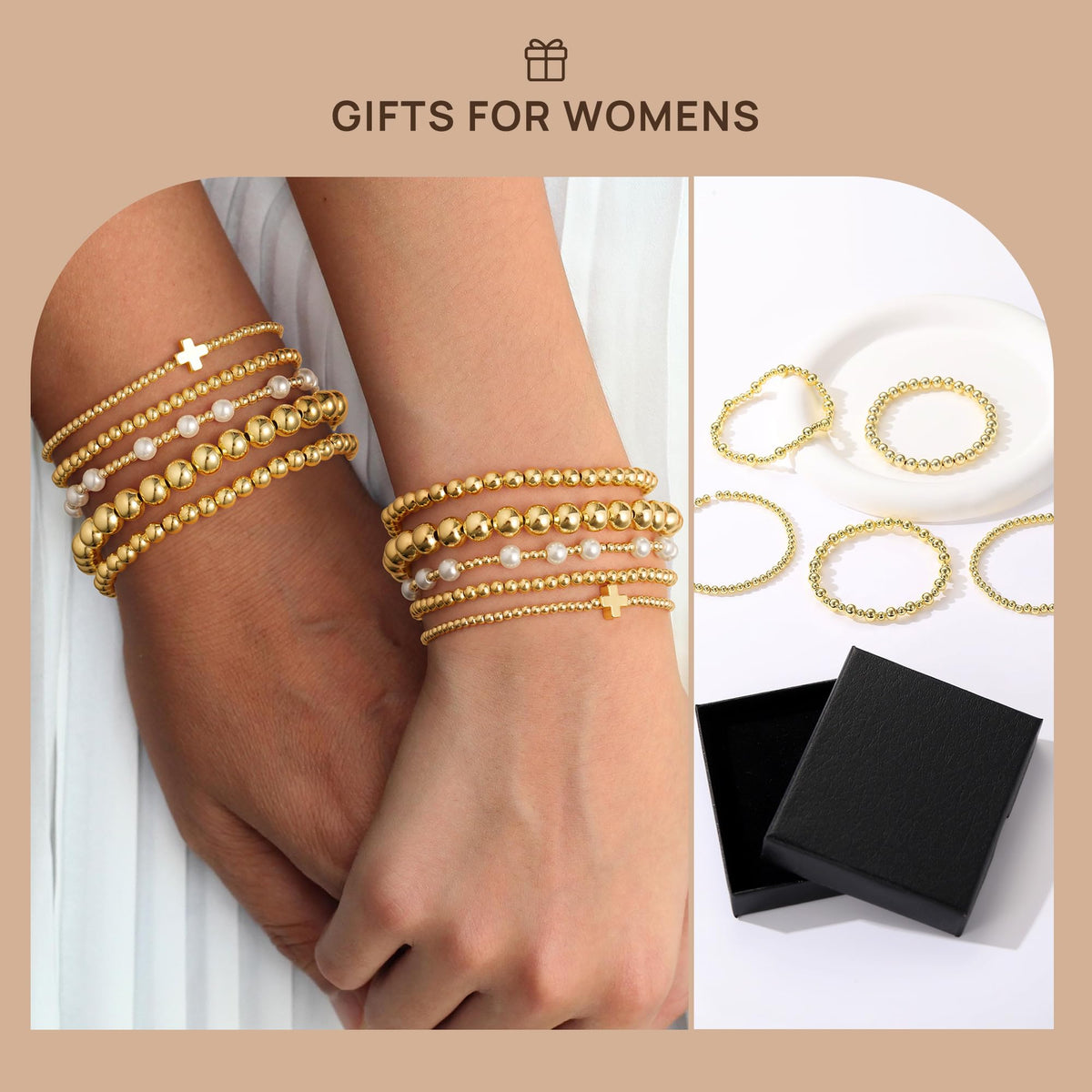 Yoosteel Gold Bracelets for Women, 14k Gold Plated Beaded Bracelets Set