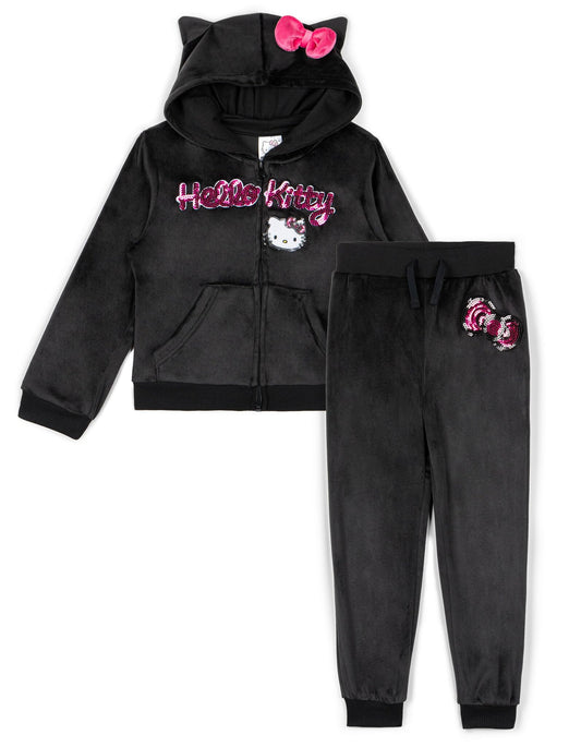Hello Kitty Little Girls Velour Zip Up Hoodie and Jogger Pants Outfit Set Black 7-8