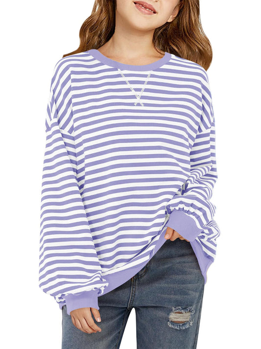 Haloumoning Girls Striped Crewneck Sweatshirt Long Sleeve Oversized Tops