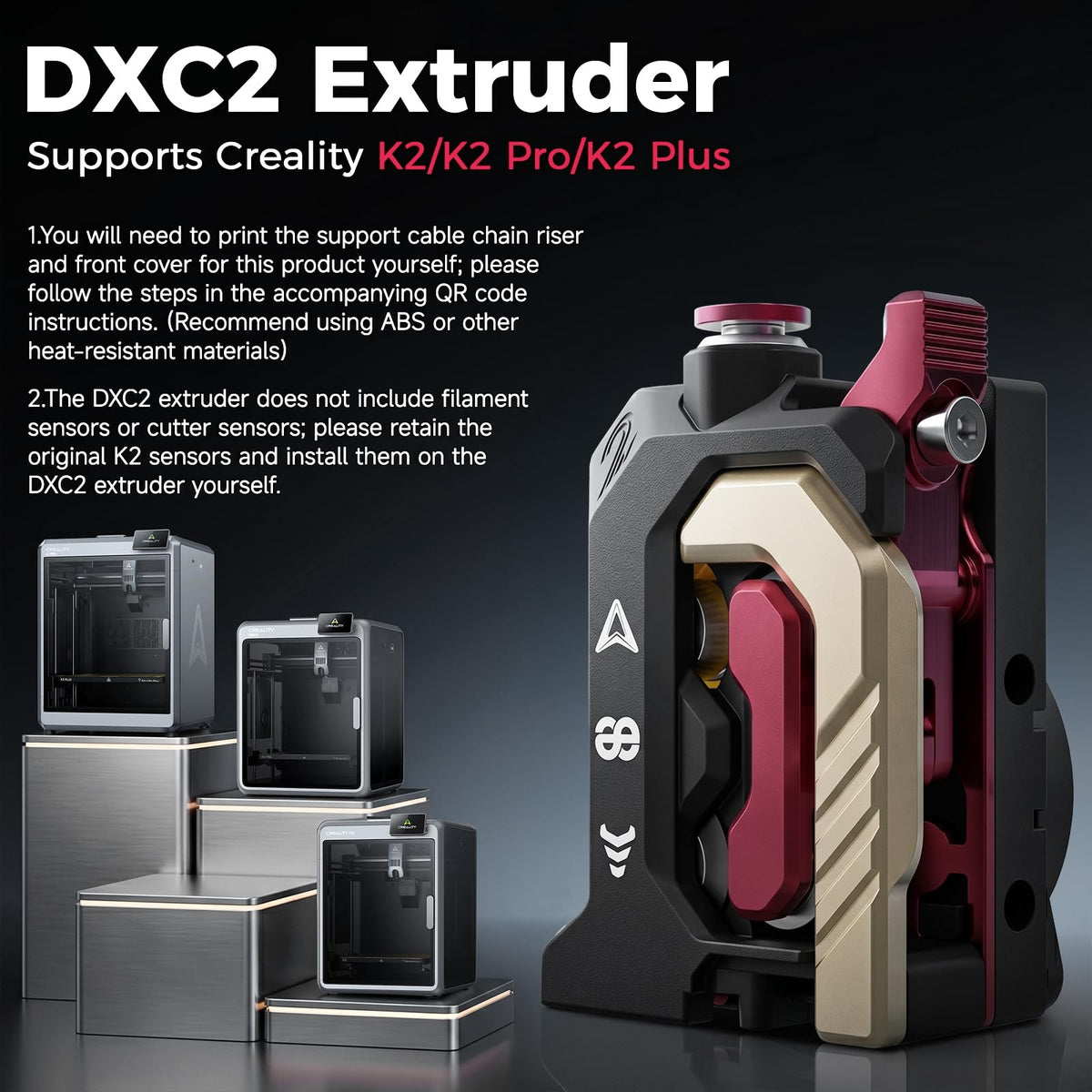 Creality DXC2 Extruder, Upgrade K2 Plus/K2/K2 Pro Extruder, Magnetic Snap-On 1s Quick Replace with DLC Filament Cutter, Official K2 Series Dual Gear Feeding Extrusion for Creality 3D Printers