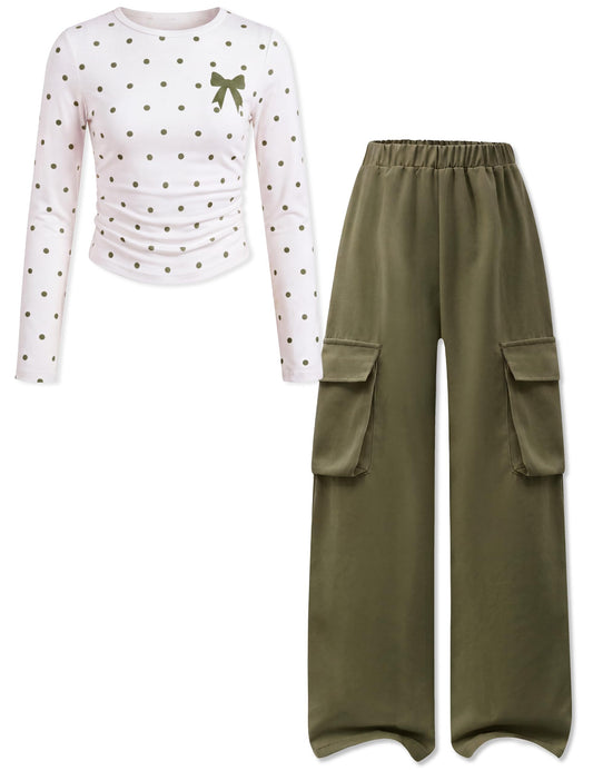 GEMLON Girls Clothes Polka Dots Long Sleeve Top with Pants 9-10Y Green