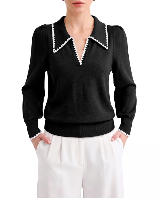 Furnex Sweaters for Women Work Cropped V Neck Knit Sweater Business Casual Pullover Ribbed Fall Collared Fashion Top Ladies Long Sleeve Scalloped Trim Winter Tops Black M