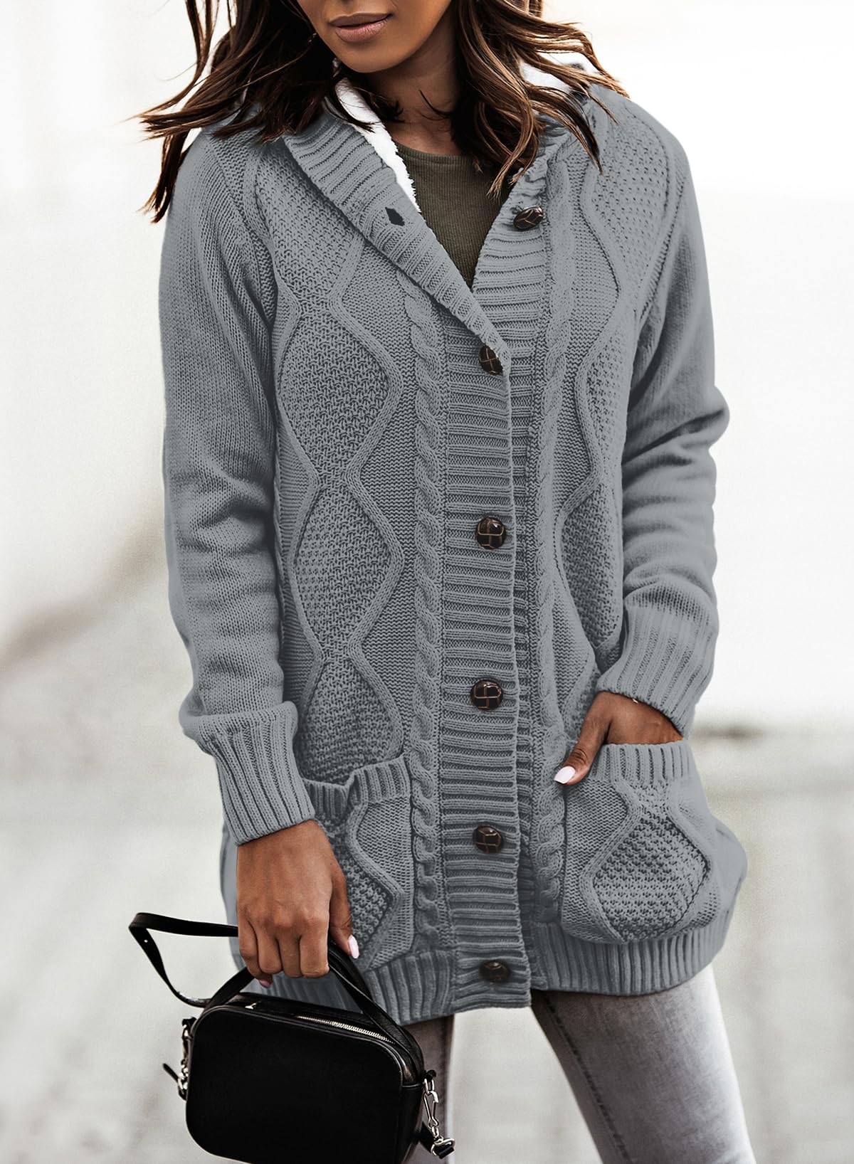 Sidefeel Women's Cable Knit Fleece Lined Hood Cardigan Sweaters S Gray