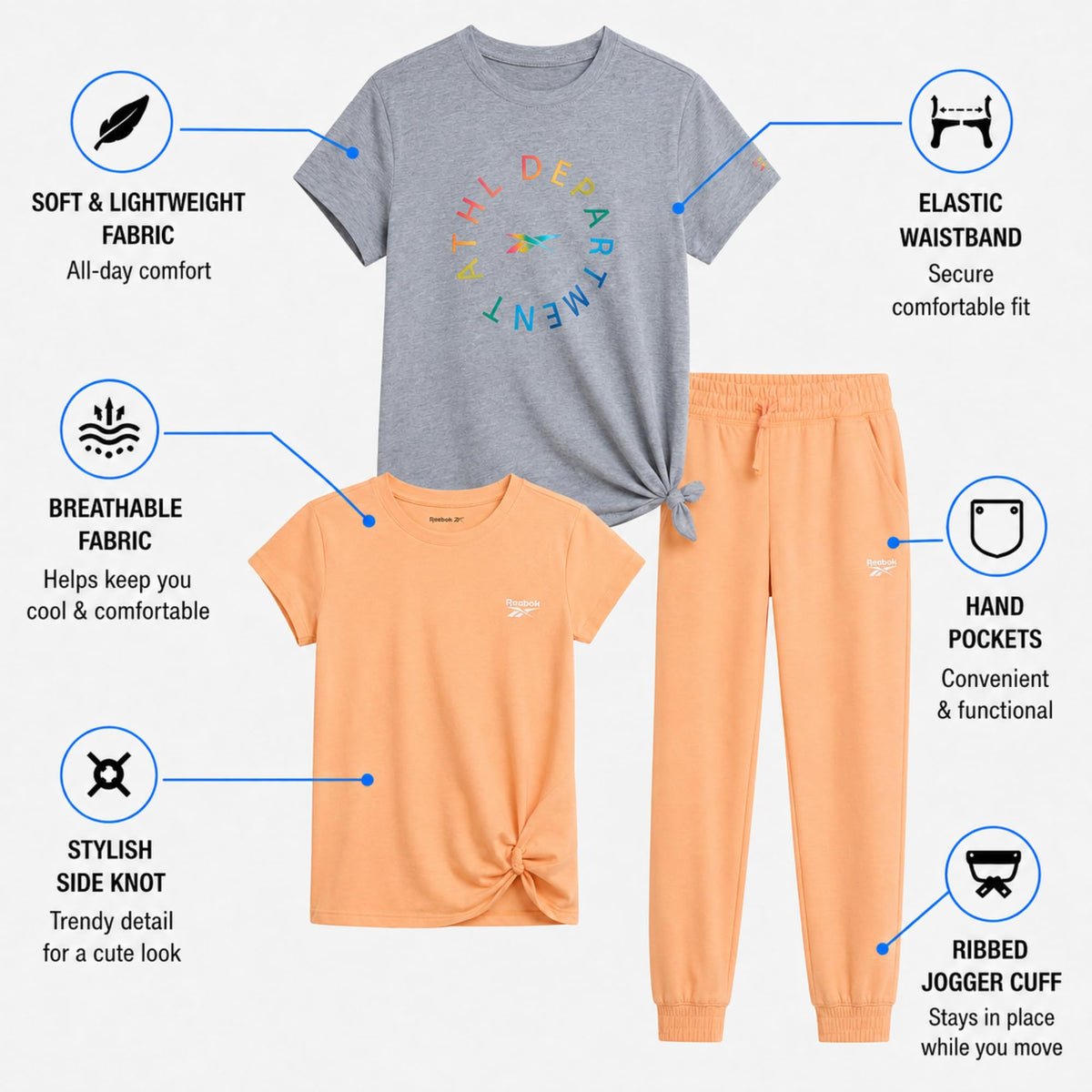 Reebok Girls 3-Piece French Terry Shirt & Jogger Pants Activewear Set
