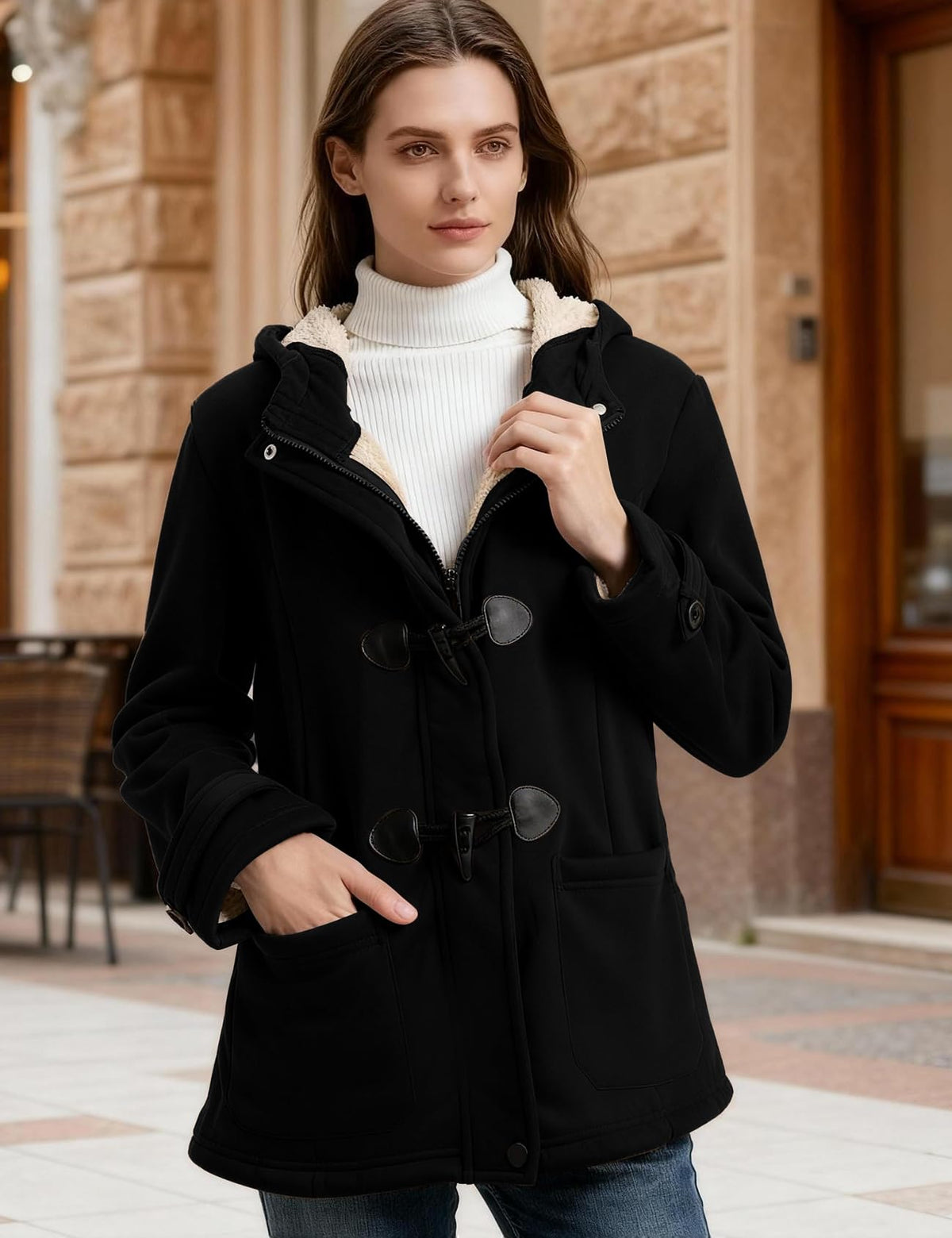 Flygo Sherpa Lined Winter Jackets for Women Fleece Hoodie Jacket Warm Fall Winter Toggle Duffle Coats(Black-S)
