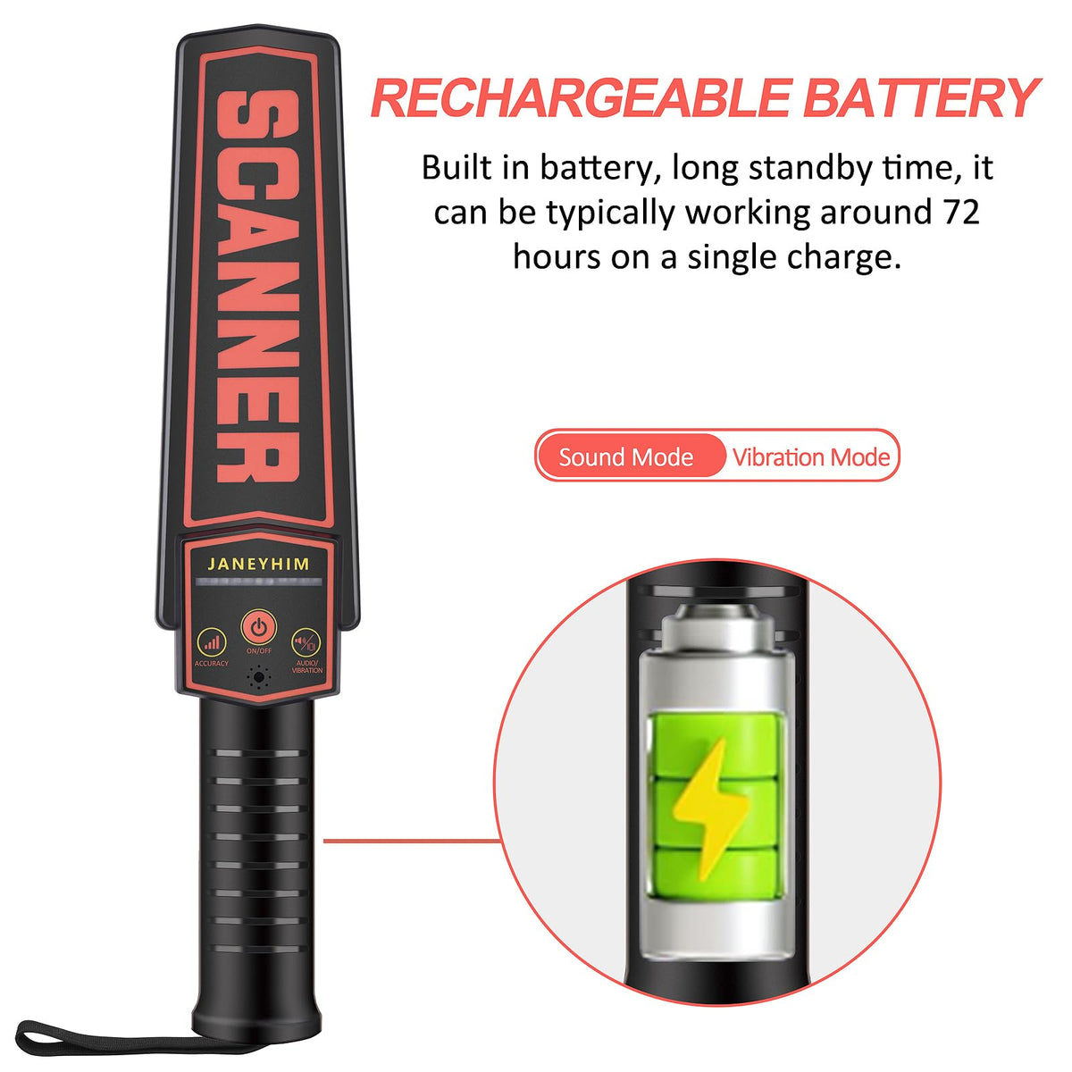 JANEYHIM Handheld Metal Detector Wand Security Scanner,High-Sensitivity Security Wand Metal Detector,Nail Finder,Metal Detector Wand for Woodworking (Built-in Battery, with Charging Line)