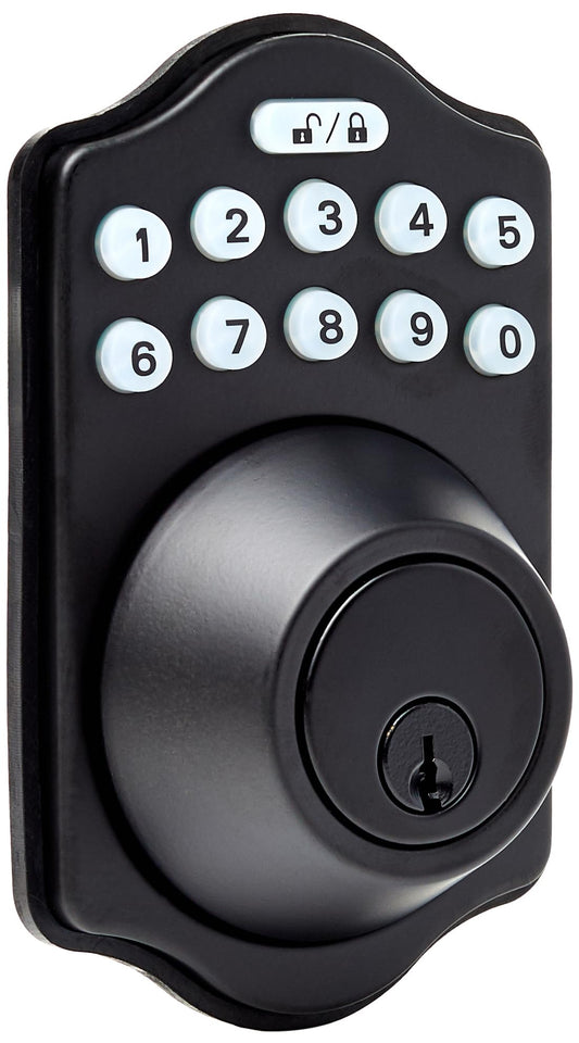 Amazon Basics Electronic Keypad Deadbolt Door Lock with Auto Lock, Touch-Control Keyless Entry, Customizable User Codes, Traditional Design, Matte Black, 1-Pack