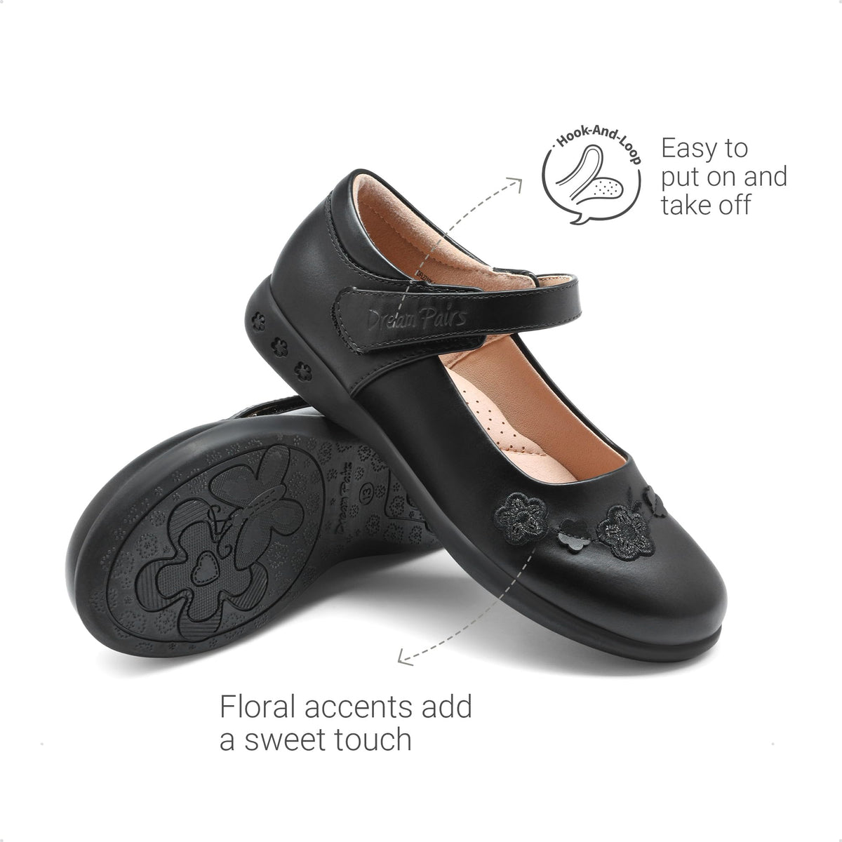 DREAM PAIRS Girls Mary Jane School Flower Shoes,Black,1 Little Kid